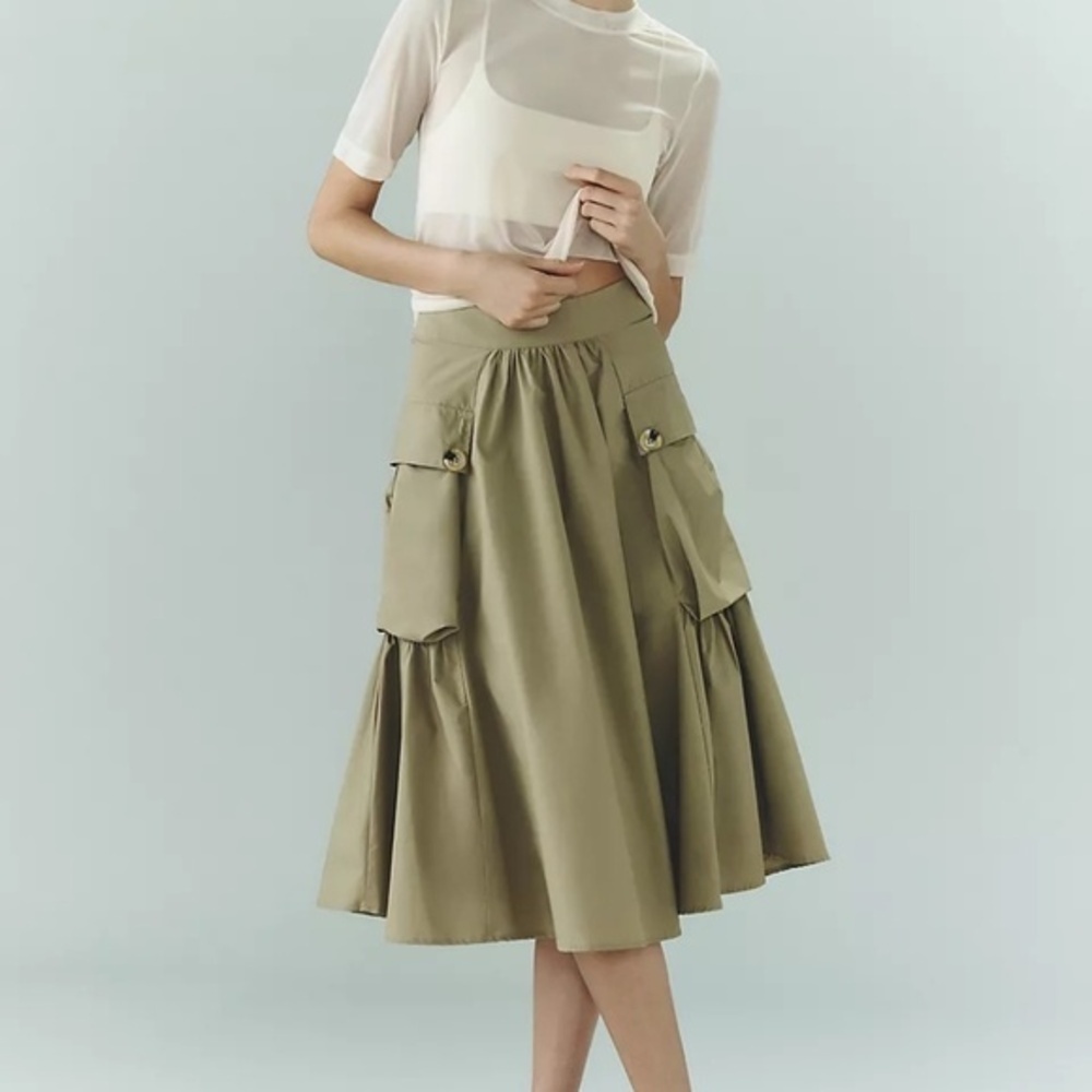 NWT Anthropologie Blue Tassel A-Line Khaki Skirt Medium